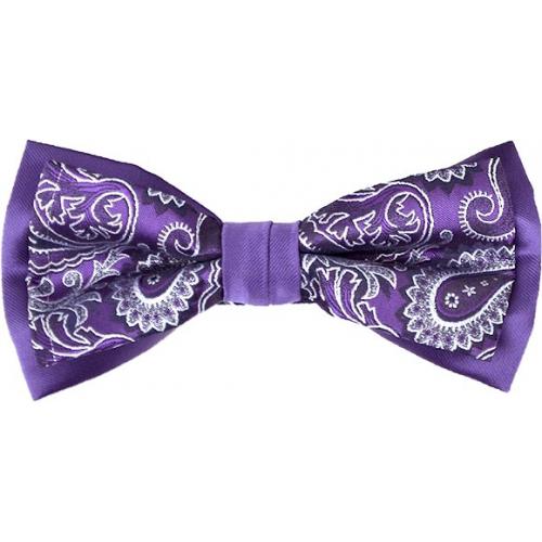 Classico Italiano Violet / White Paisley Double Layered Design 100% Silk Bow Tie / Hanky Set BT017